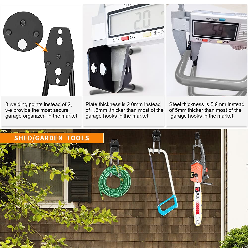 3-H Heavy Duty Garage Hooks [8 Pack] - 3-Round Welding Tech Holds 22lbs More - Thickened Steel Wall Mount for Ladders, Tools & Storage - Rustproof Utility Hardware