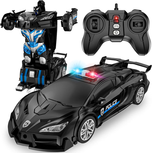 Remote Control Car for Boys 4-7, 2.4GHz RC Car 1:18 Scale, One-Button Transforming Toy with 360° Spins, LED Lights（Black）
