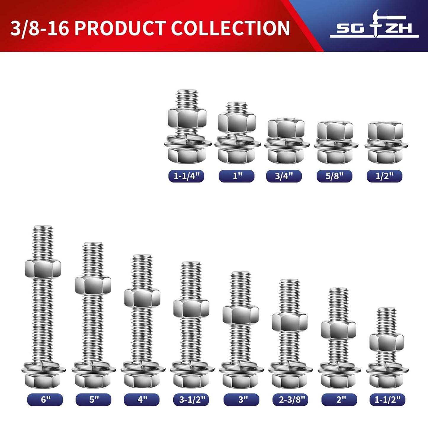 3/8-16 x 1-1/4" Hex Head Screw Bolt, Nuts, Flat & Lock Washers, 20Pcs 18-8 (304) Stainless Steel, Fully Threaded, by SG TZH