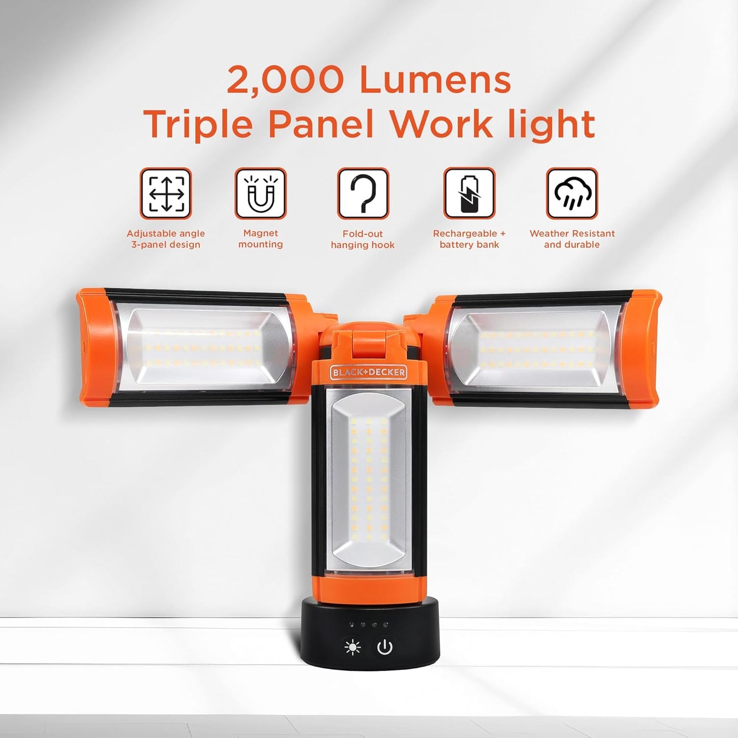 BLACK+DECKER Utility Light, Rechargeable 2000 Lumens LED 3 Panel Work Light with 6000mAh Battery Bank & Flashlight, 3 Light Colors, 4 SOS Modes, Dimmable, IP44 Water-Resistant, Magnetic & Hook Mount