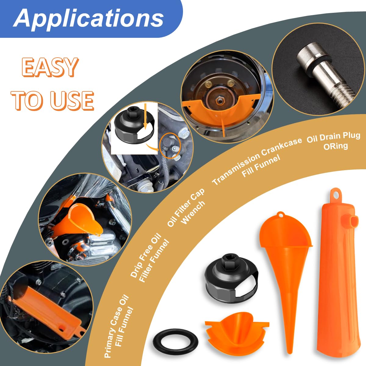 Oil Change Tool Kit for Harley Davidson Accessories,Oil Filter Wrench,Crankcase Fill Tool,Primary Case Funnel,Drip-Free Oil Filter Funnel,30PCS O-Rings