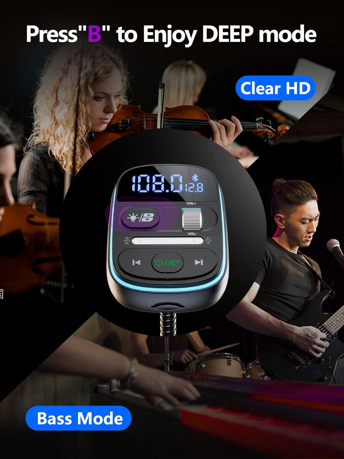 LENCENT Bluetooth FM Transmitter PD 30W, Bluetooth Car Adapter with QC3.0 Fast Charger, Hi-Fi Bass Music, Wireless Radio Receiver Hands-Free Calling, [Color Light]