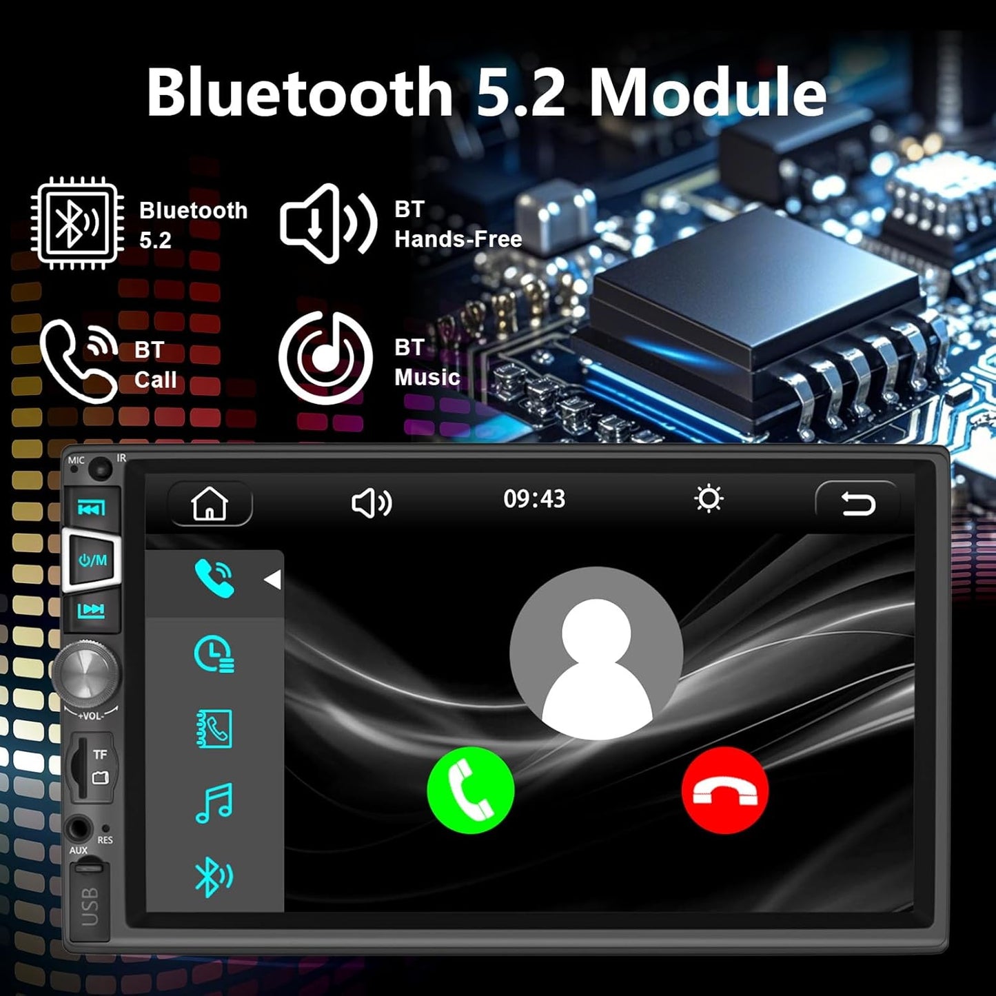 Double Din Car Stereo Compatible with Wireless Carplay&Android Auto&Mirror Link,7 Inch HD 1024 * 600 Touchscreen with Bluetooth 5.2,Backup Camera Input,Voice Control,USB/AUX/TF/SWC/MIC,AM/FM Radio