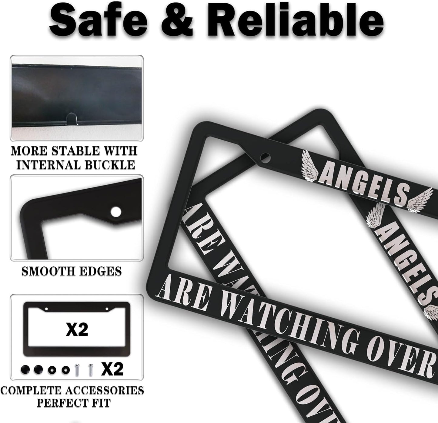 Car Plate Frames Black and White License Plate Protector Angels are Watching Over Me Universal Aluminum Car Accessory 2 Pack with Screw Covers Set