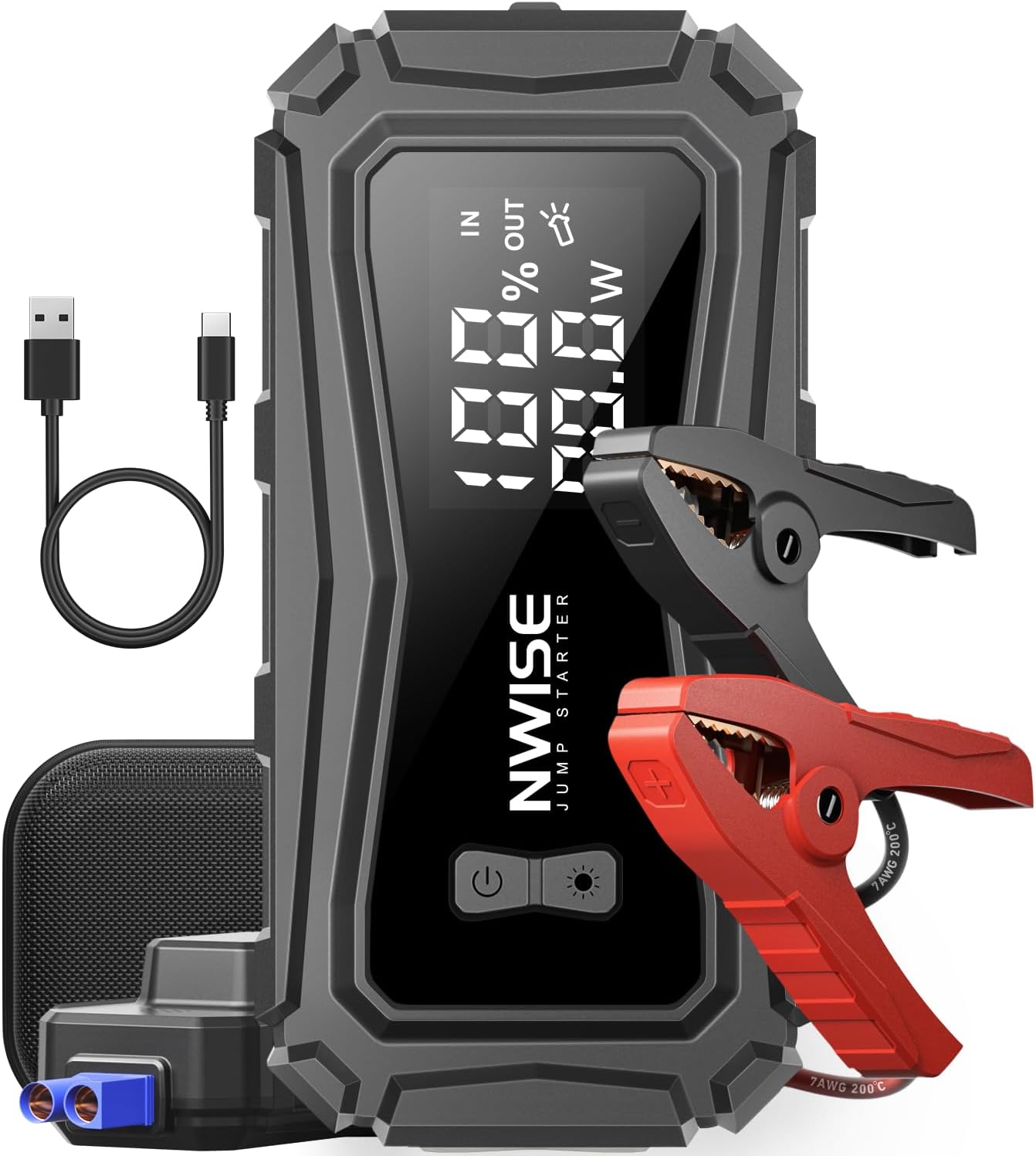 NWISE Car Jump Starter, 6000A Peak 25800mAh Portable Battery Starter (Up to 10L Gas or 8L Diesel Engine) with Smart Safety Jumper Clamps,12V Jump Boxes Large Screen with 45W Fast Charging