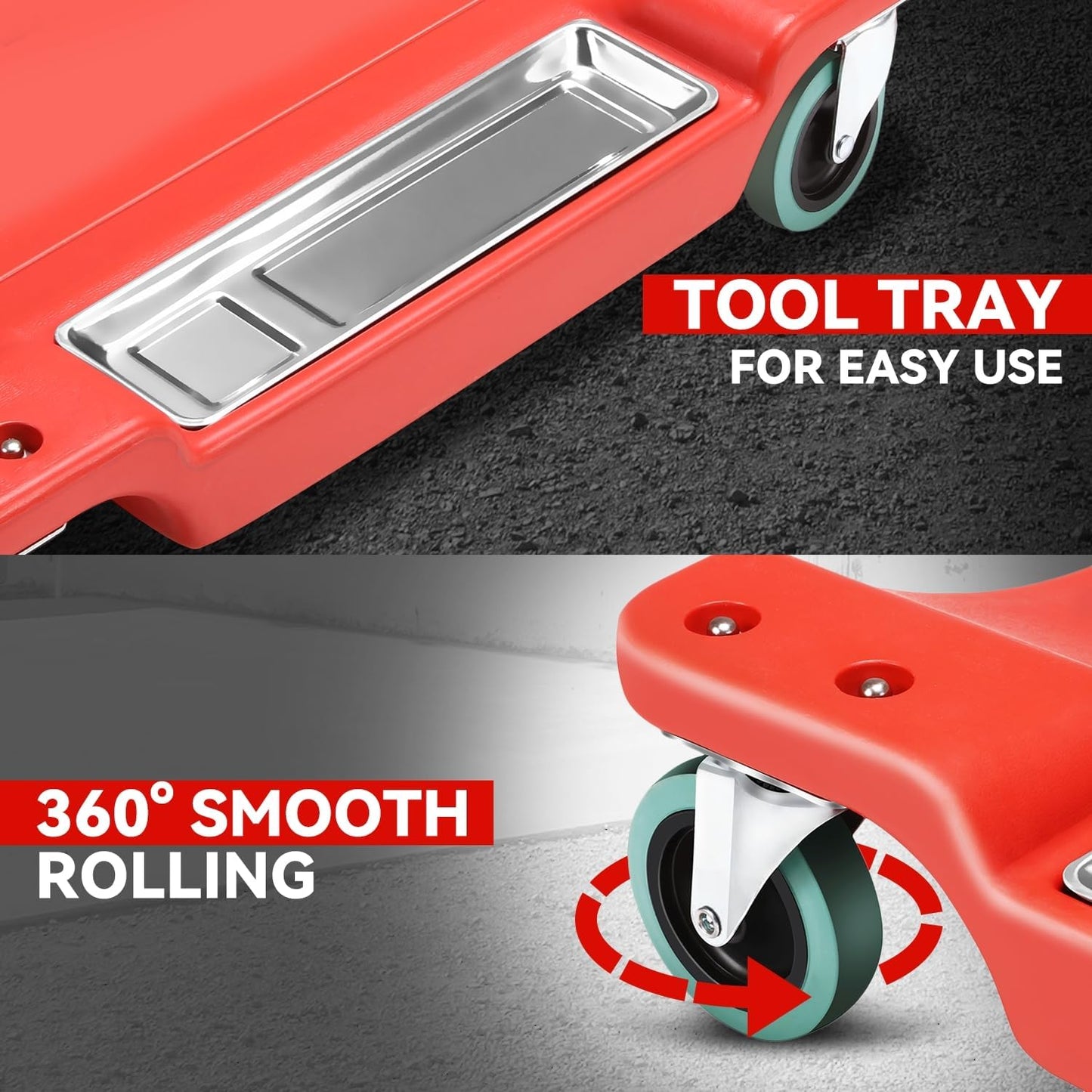 Auto Dynasty 40 Inches Mechanic Creeper, Automotive Garage Repair Low Profile Under Car Rolling Creeper with LED Light and Padded Headrest, Plastic, Red