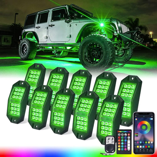 Xprite Jeep Rock Lights 10 Pods Wide Angle Bluetooth RGB LED Rocklights Kit, Multicolor Neon Lighting Footwell Underglow Kits w/Wireless Remote, Compatible Off-Road Trucks Cars UTV ATV SUV RZR