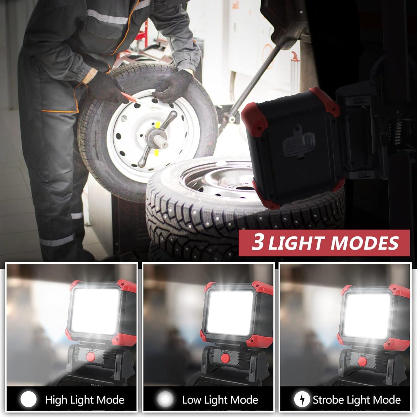 LED Rechargeable Work Light with Clamp, 2100LM Super Bright COB Magnetic Work Light with 3 Light Modes, 270° & 180° Rotation, Waterproof, Perfect for BBQ, Jobsite, Workshop, Car Repairing