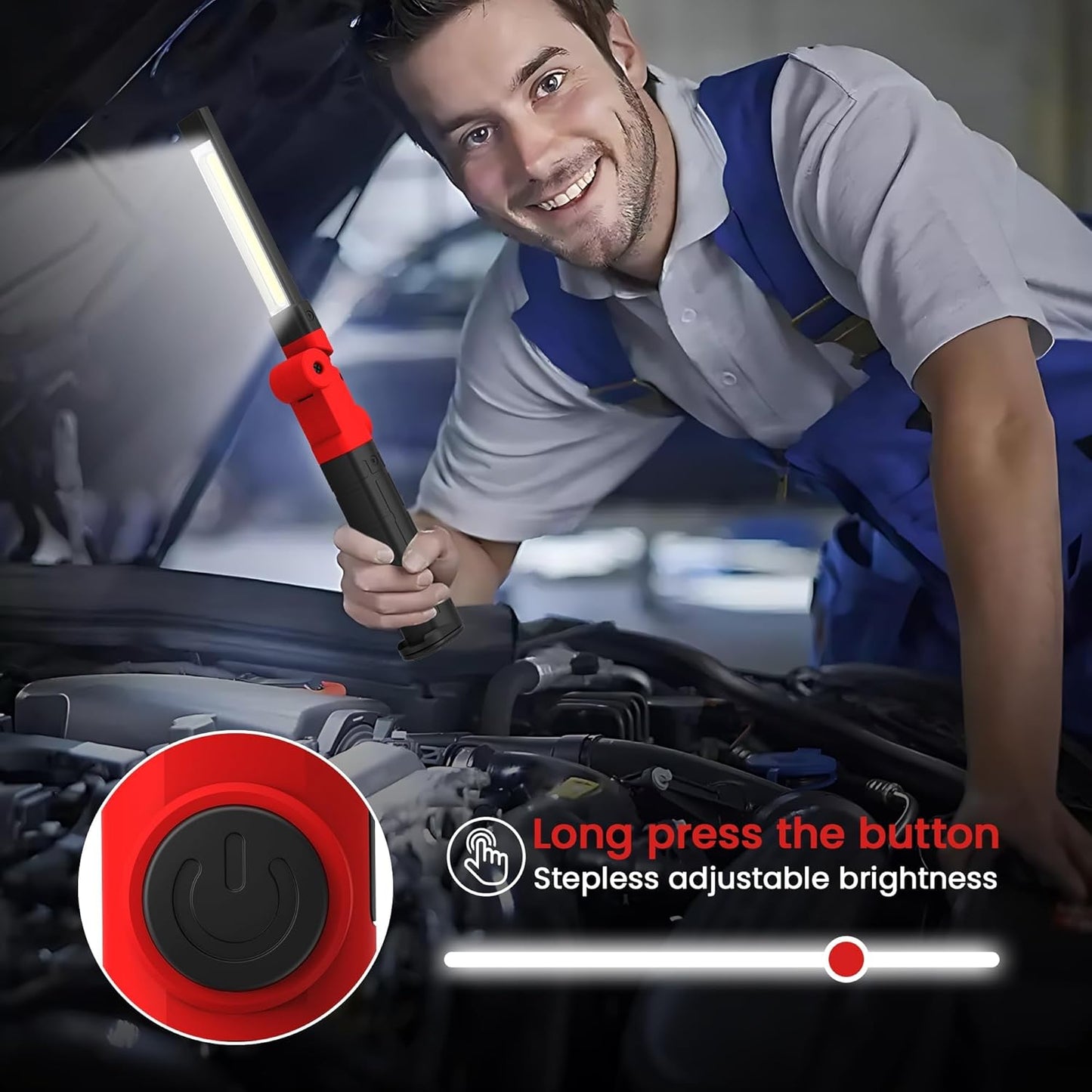 Rechargeable Work Light 2200mAh Magnetic LED Work Light Flashlight Mechanic Light Tool Gifts for Men Him, Foldable Lamp with Hook for Car Repair Emergency BBQ Grill