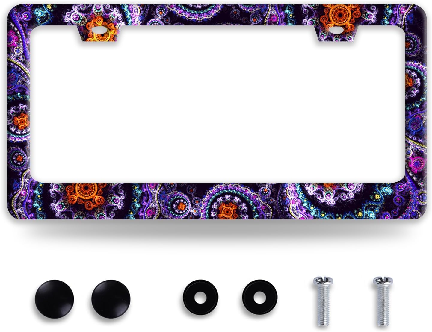 Fantasy Art Flowers License Plate Frame Colorful Mandala Floral License Plate Holder Funny Stainless Steel Accessories Cars Decor with 2 Holes and Screws Fits Standard Us Ca Vehicles 12.2 X 6 Inch