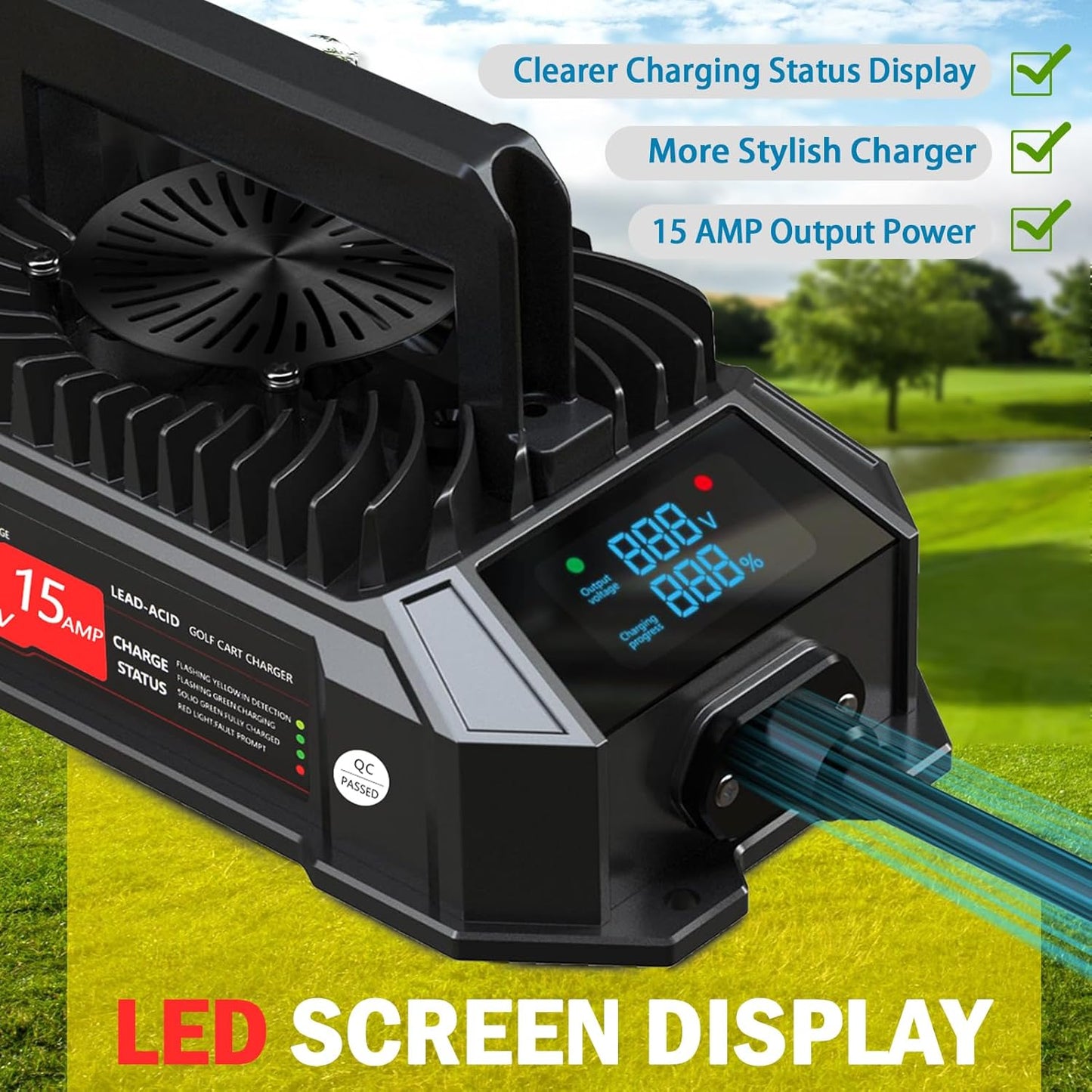 Xislet 15 AMP 48 Volt Golf Cart Battery Charger Compatible with 1995-2025 Club Car Precedent & DS, Round Plug Cable, Lightweight, Waterproof, LED Screen Display, for Lead Acid Battery - Black