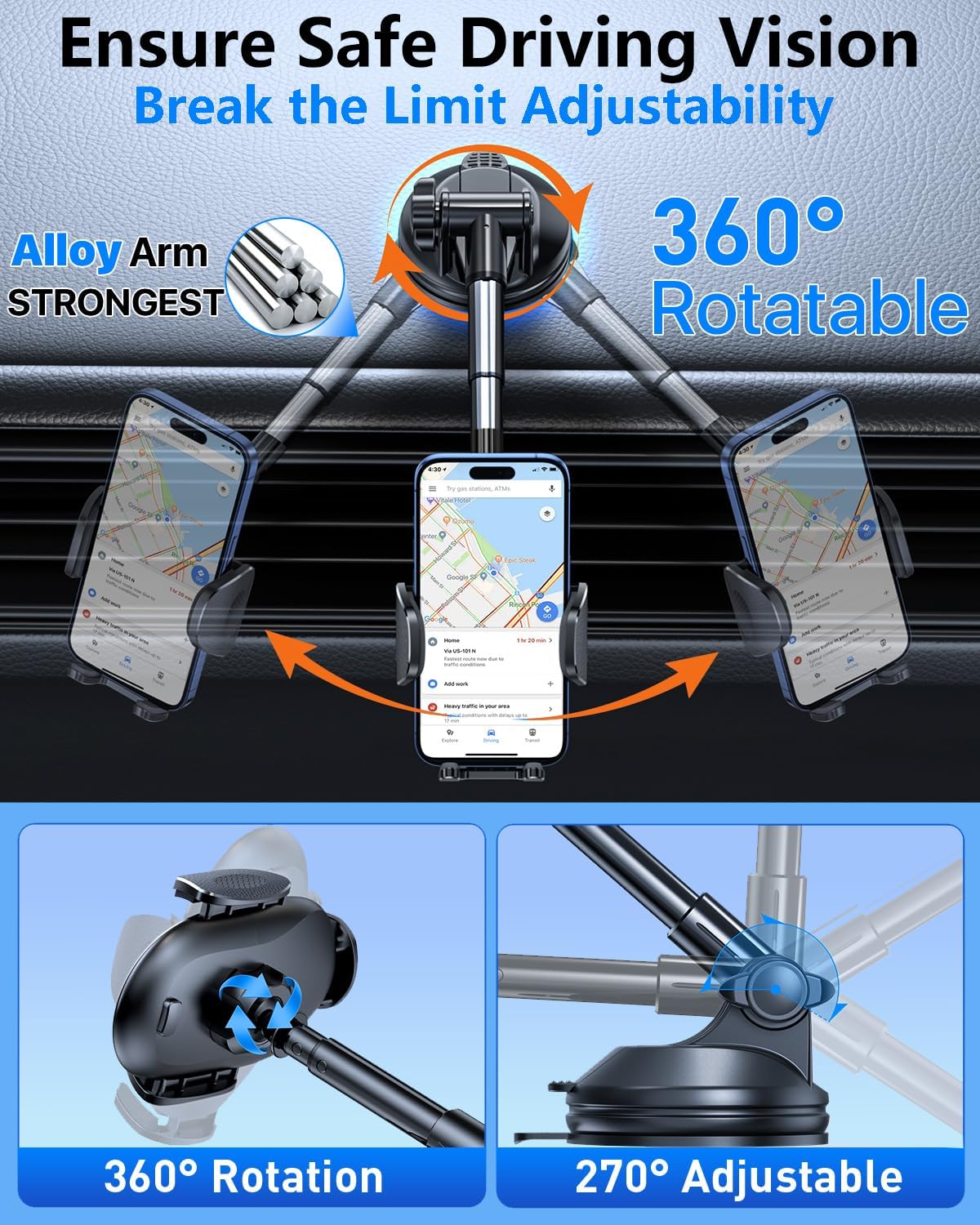 HTU 【Military-Grade Suction】 2025 Cell Phone Holder for Car【Flexible Telescopic Arm】 Car Phone Mount Stand for Dashboard Windshield for iPhone 16 Pro Max 15 14 13 12 Samsung Truck Jeep, Black