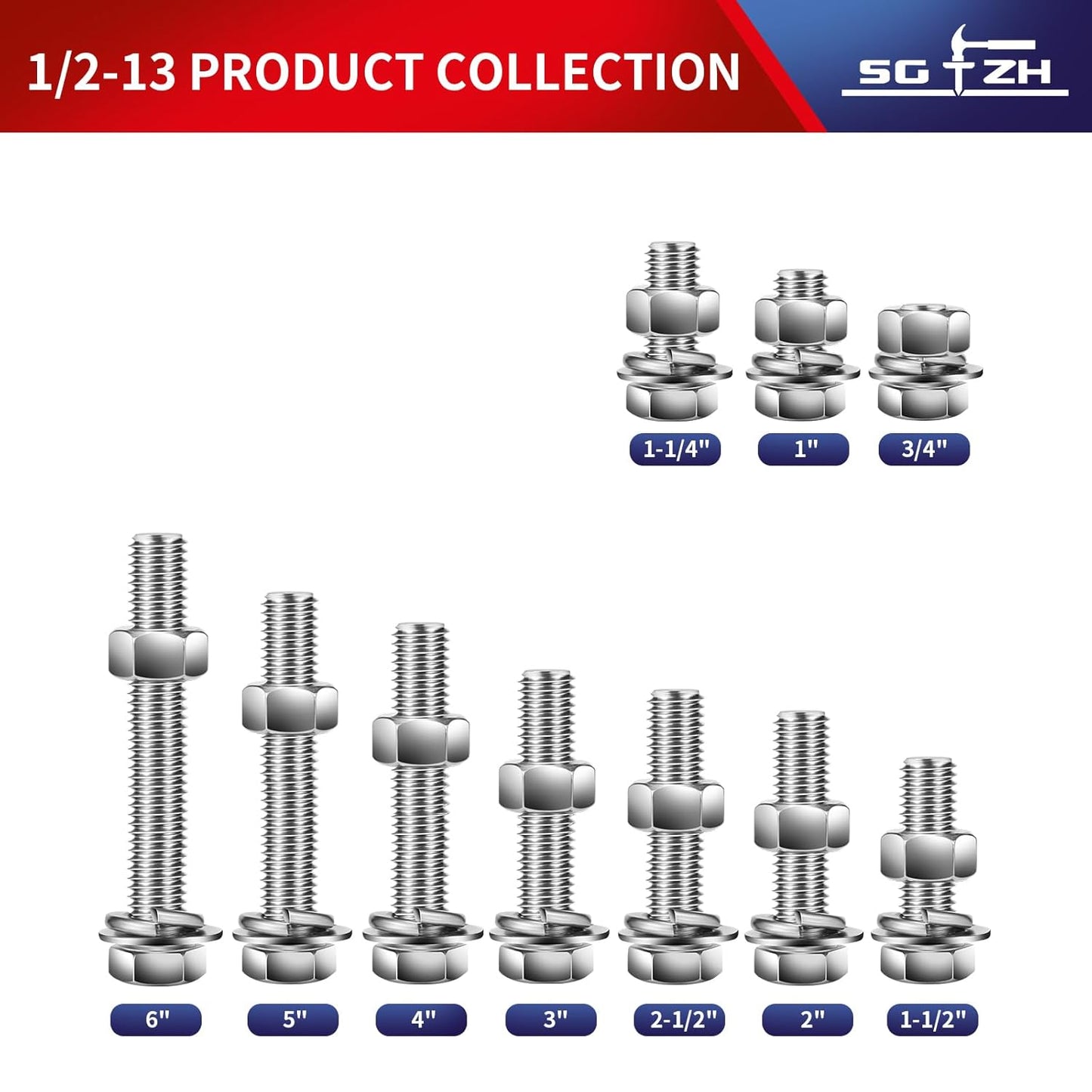 1/2-13 x 3/4" Hex Head Screw Bolt, Nuts, Flat & Lock Washers, 10Pcs 18-8 (304) Stainless Steel, Fully Threaded, by SG TZH