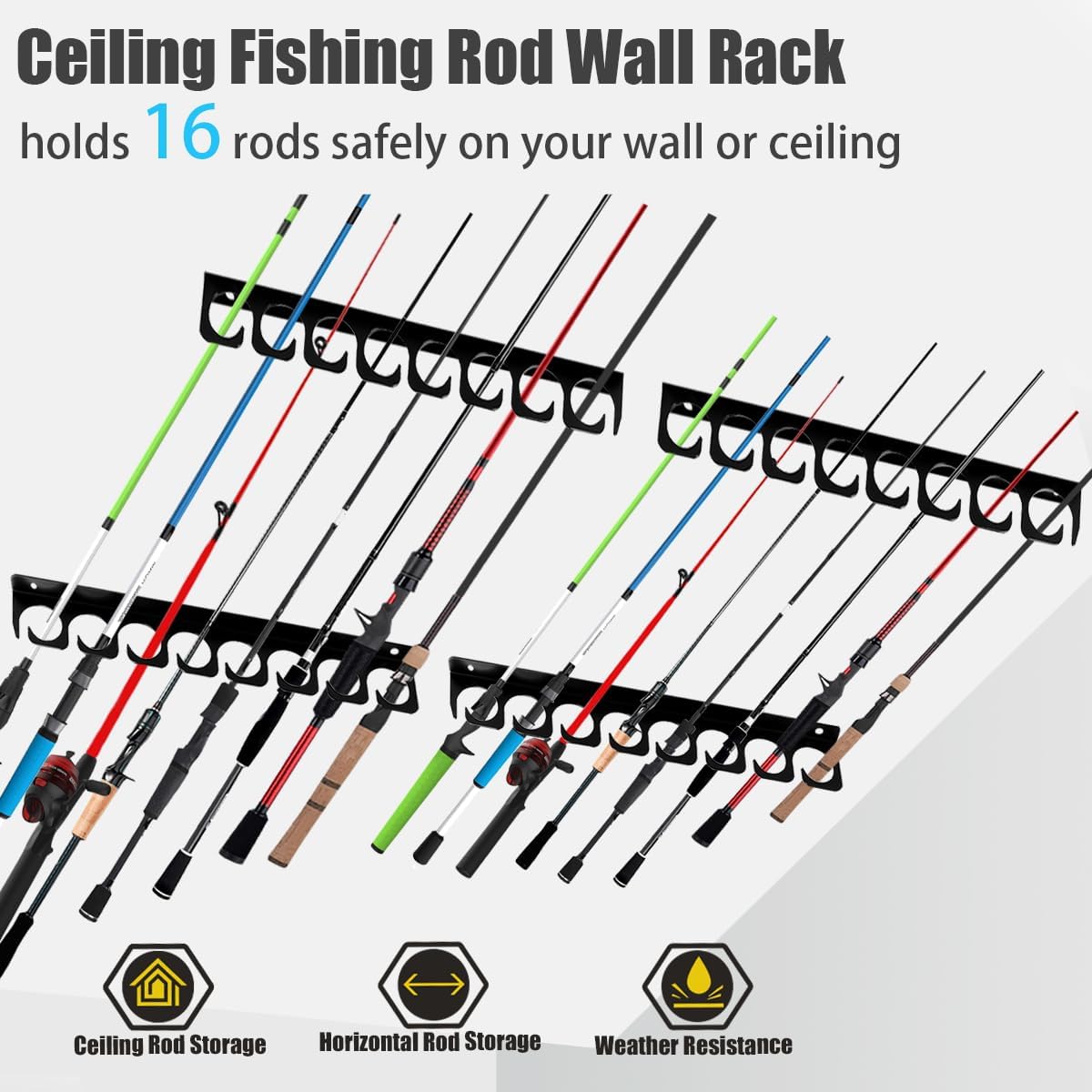 Wall Mounted Fishing Rod Rack Holder Ceiling Storage Hook Hanger Display Metal Horizontal Rack Oranizer Poles Steel Racks Holds up to 16 Rods with Soft Protective Pad for Garage Cabin and Basement