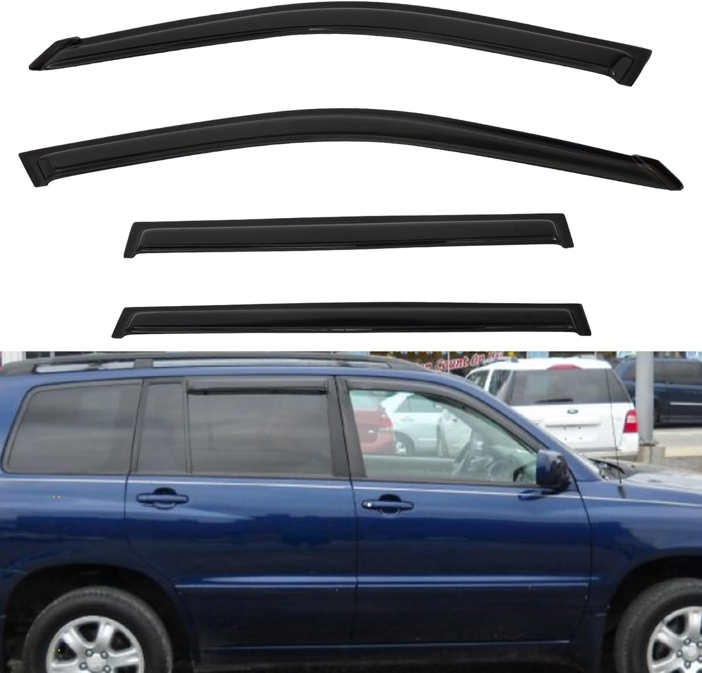 4pcs Window Visors Compatible with 2001-2007 Toyota Highlander Front+Rear Smoke Tint Sun/Rain Guard Outside Mount Tape-On Vent