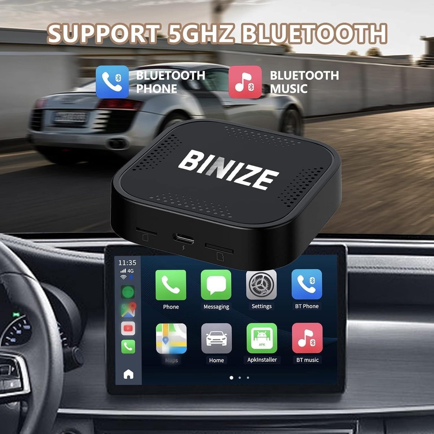 Binize CarPlay AI Box Wireless - Android Auto Built-in Navigation, Supports Streaming Video Apps, Only for Cars with OEM Wired CarPlay/Android Auto