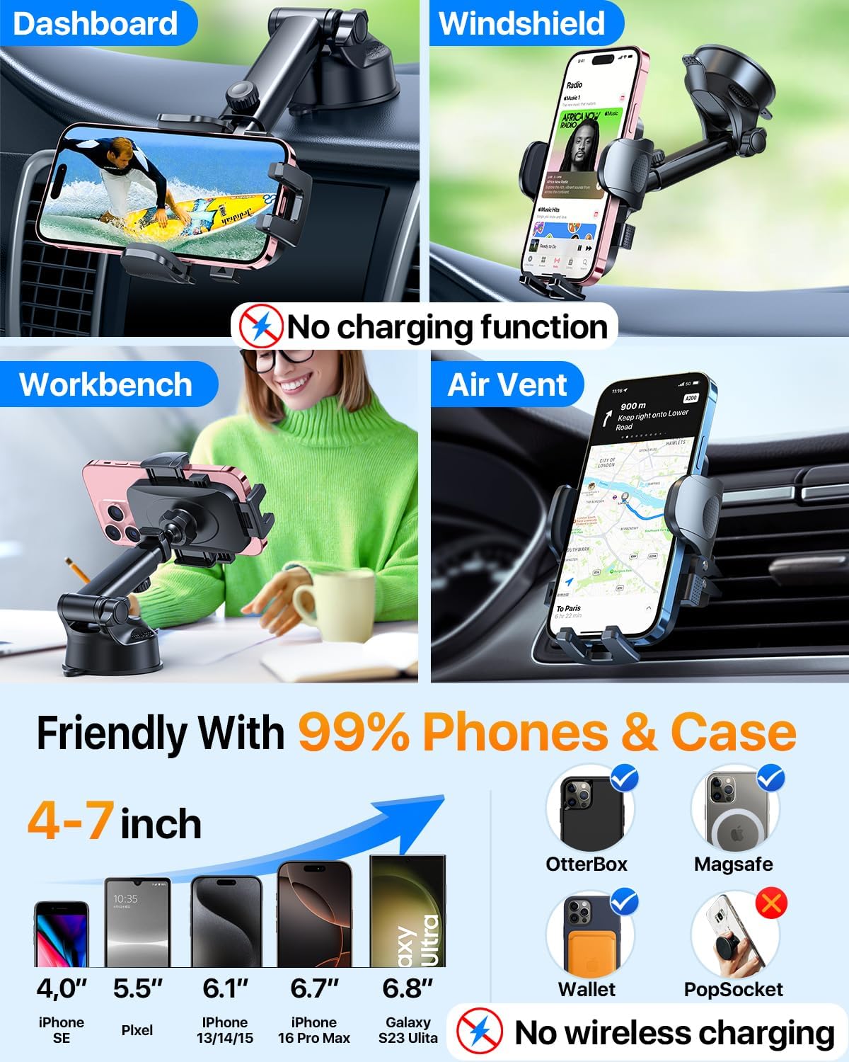 2025 Ultimate Car Phone Holder【80+LBS Strongest Suction & Military-Grade】 Universal Cell Phone Holder Truck Car Mount for Dashboard Windshield Air Vent for iPhone 16 Pro Max 15 Samsung 2pcs (Blue)