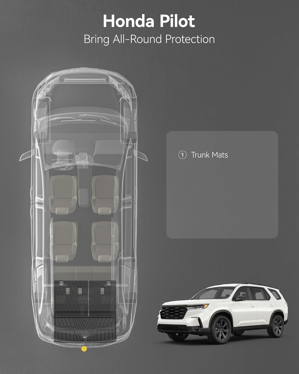 3W Cargo Liner Fit for Honda Pilot 2023-2025 TPE Custom Fit All Weather Honda Pilot Accessories 2023-2025 Odorless Anti-Slip Mats Trunk Mats Black