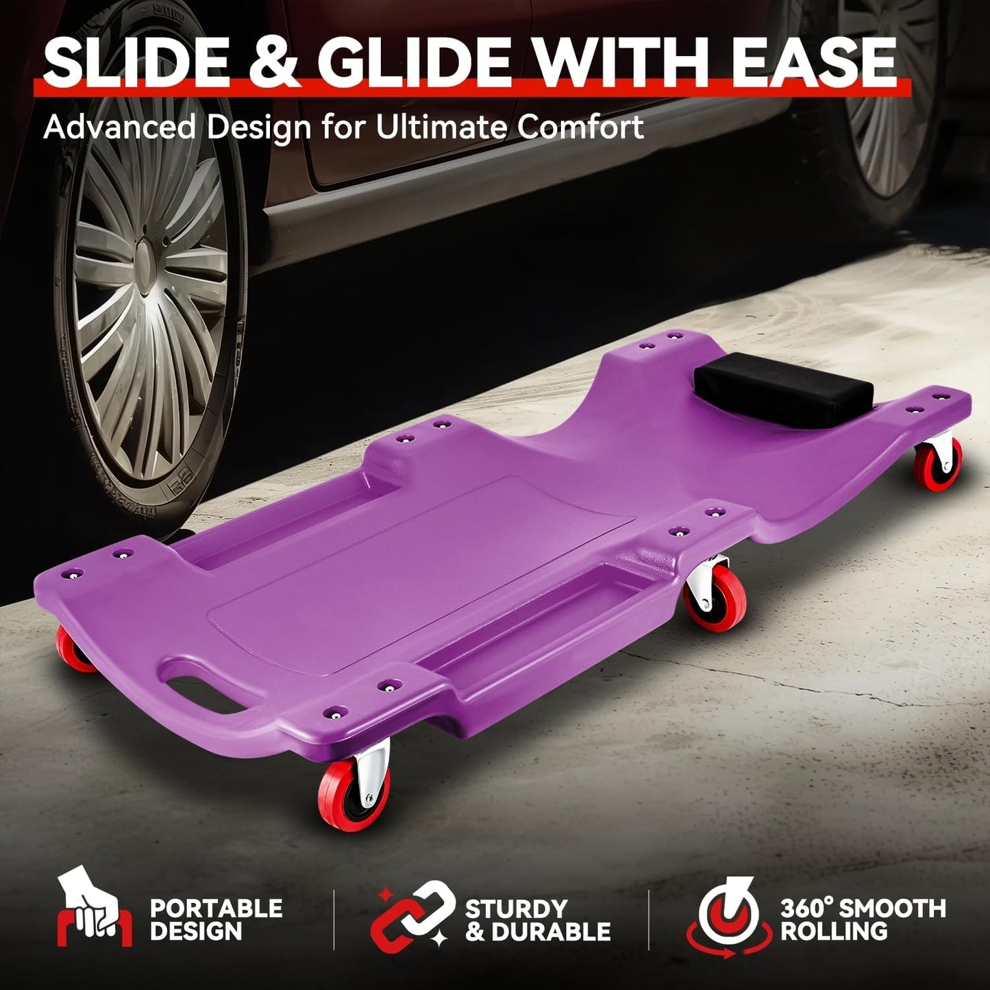 Auto Dynasty 36 Inches Mechanic Creeper, Automotive Garage Repair Low Profile Under Car Rolling Creeper with Padded Headrest, Plastic, Purple