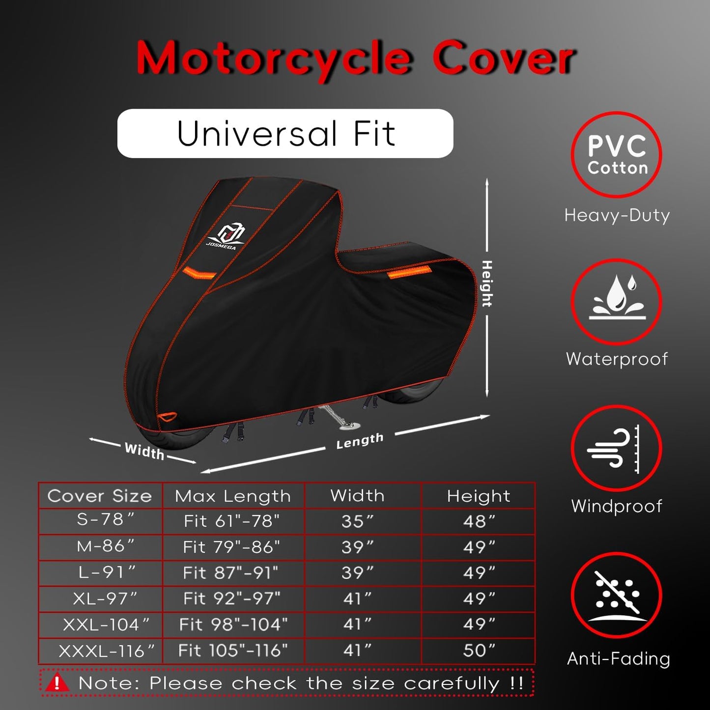 Motorcycle Cover | Heavy Duty PVC | Soft Inner Cotton | Waterproof Outdoor | All Season Universal | 4 Reflective Strips | 3 Windproof Straps | 1 Lock Hole | 1 Storage Bag | (Black, L, 91")