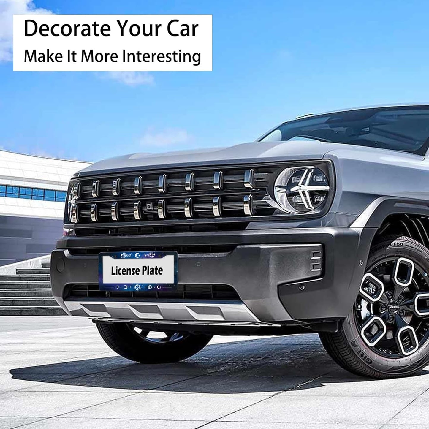 Starry Sun Moon License Plate Frame, Night Sky Moon Phase License Plate Holder Cover, Metal Aluminum Rustproof Car Accessories for Us Canada Standard Women Men 2 Holes with Screw Caps