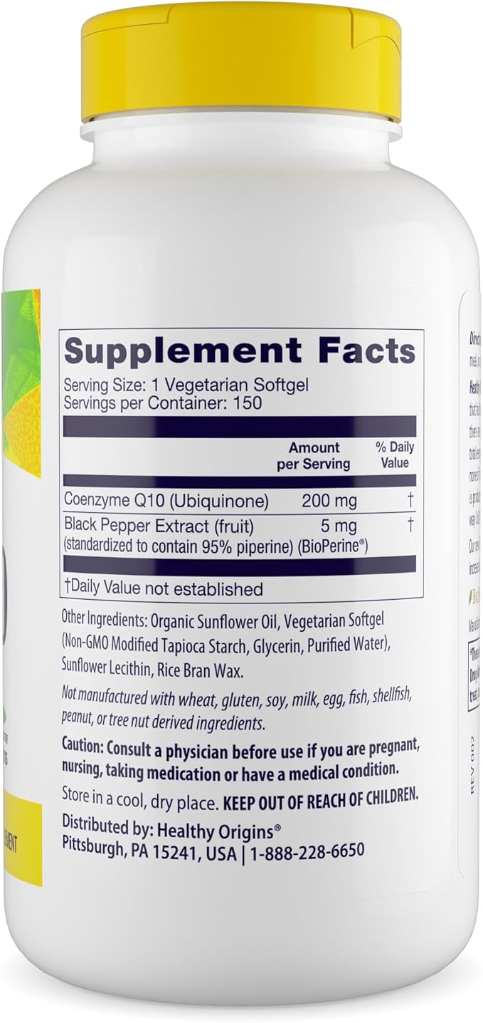 Healthy Origins Natural Enhanced CoQ10 (BioPerine®), 200 mg - Heart Health & Energy Supplement - Gluten-Free & Non-GMO Supplements, with BioPerine & Sunflower Lecithin ((Pack of 1) 150 Veggie Gels)