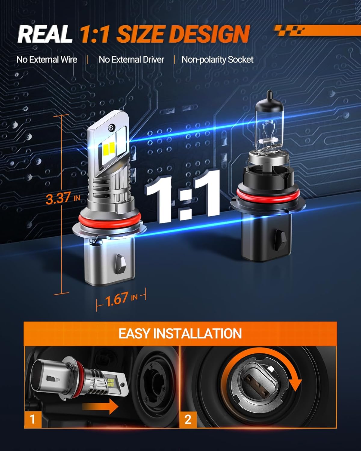 SEALIGHT 9007 HB5 Bulbs, 30000LM 9007 Fog Bulbs 6500K Cool White, 1:1 Mini Size, Powersports Accessory Lights or ATV Light with Cooling Fan, 3 Mins Plug-N-Play, Pack of 2