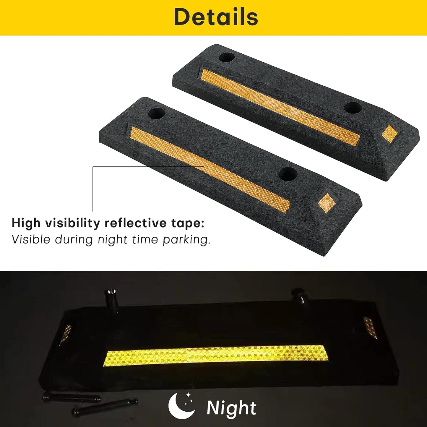 4 Pack Rubber Parking Guide Blocks | Heavy Duty Black Parking Blocks Parking Target Guide with Yellow Reflective Stripes, Wheel Stop Stoppers for Car, Truck, RV, Trailer, and Garage (4 Pack)