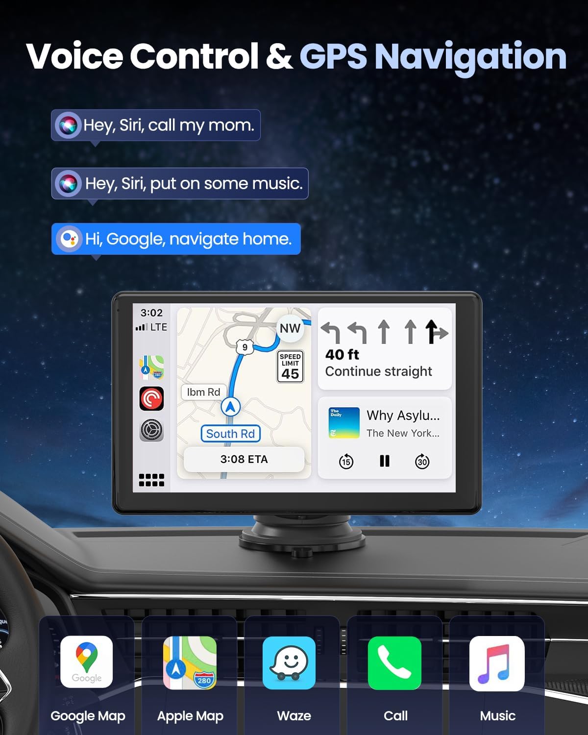 Wireless Carplay Screen for Car with 5K Dash Cam, 9" Portable Apple CarPlay & Android Auto Car Stereo with 1080p Backup Camera, Bluetooth/GPS Navigation/Voice Control/Mirror Link