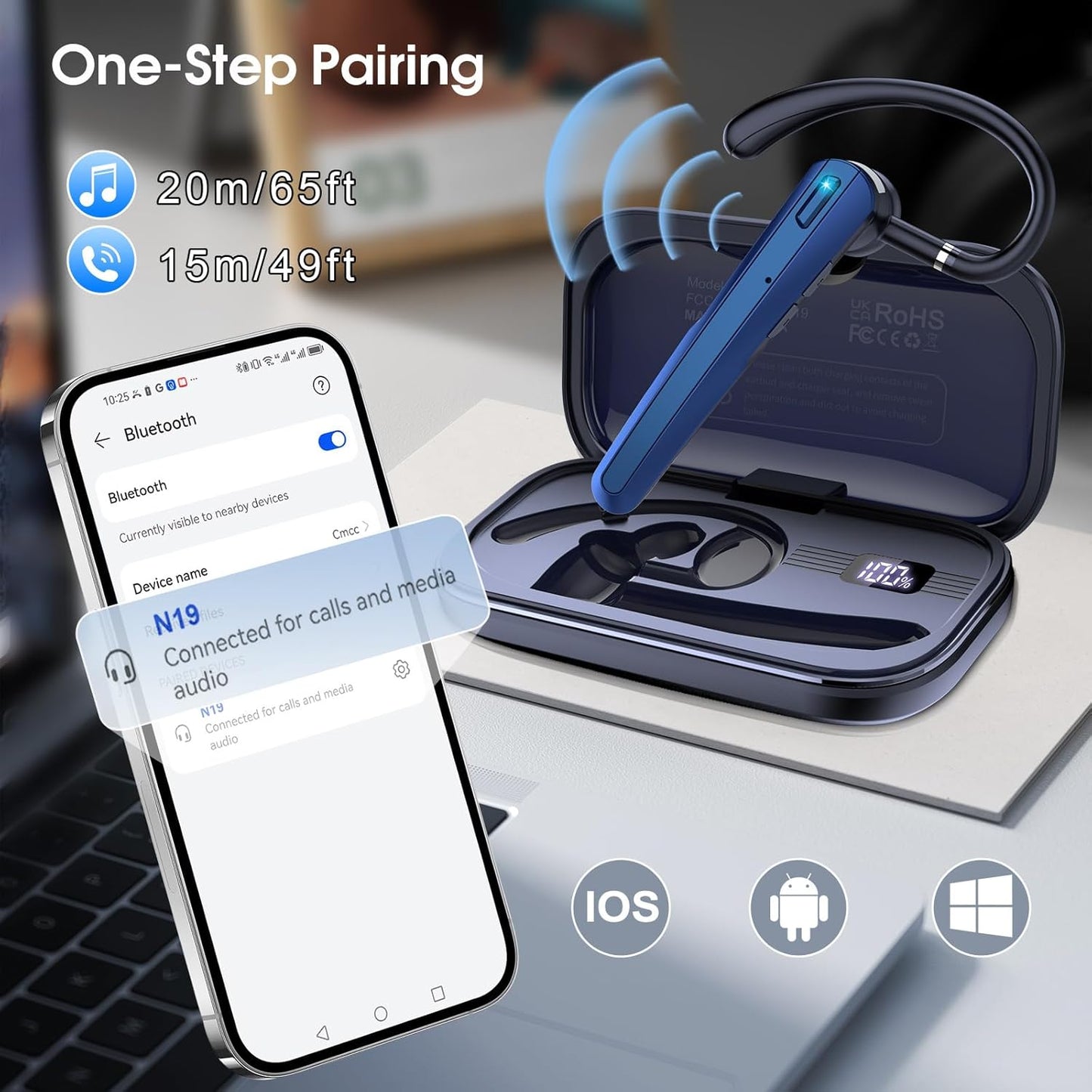 Bluetooth Headset V5.3, Wireless Earpiece with Dual ENC Noise Canceling Mic, 120H Hand-Free Talk Single-Ear Bluetooth Earpiece with LED Display, IP7 Waterproof Headphones for Trucker, Dark Blue