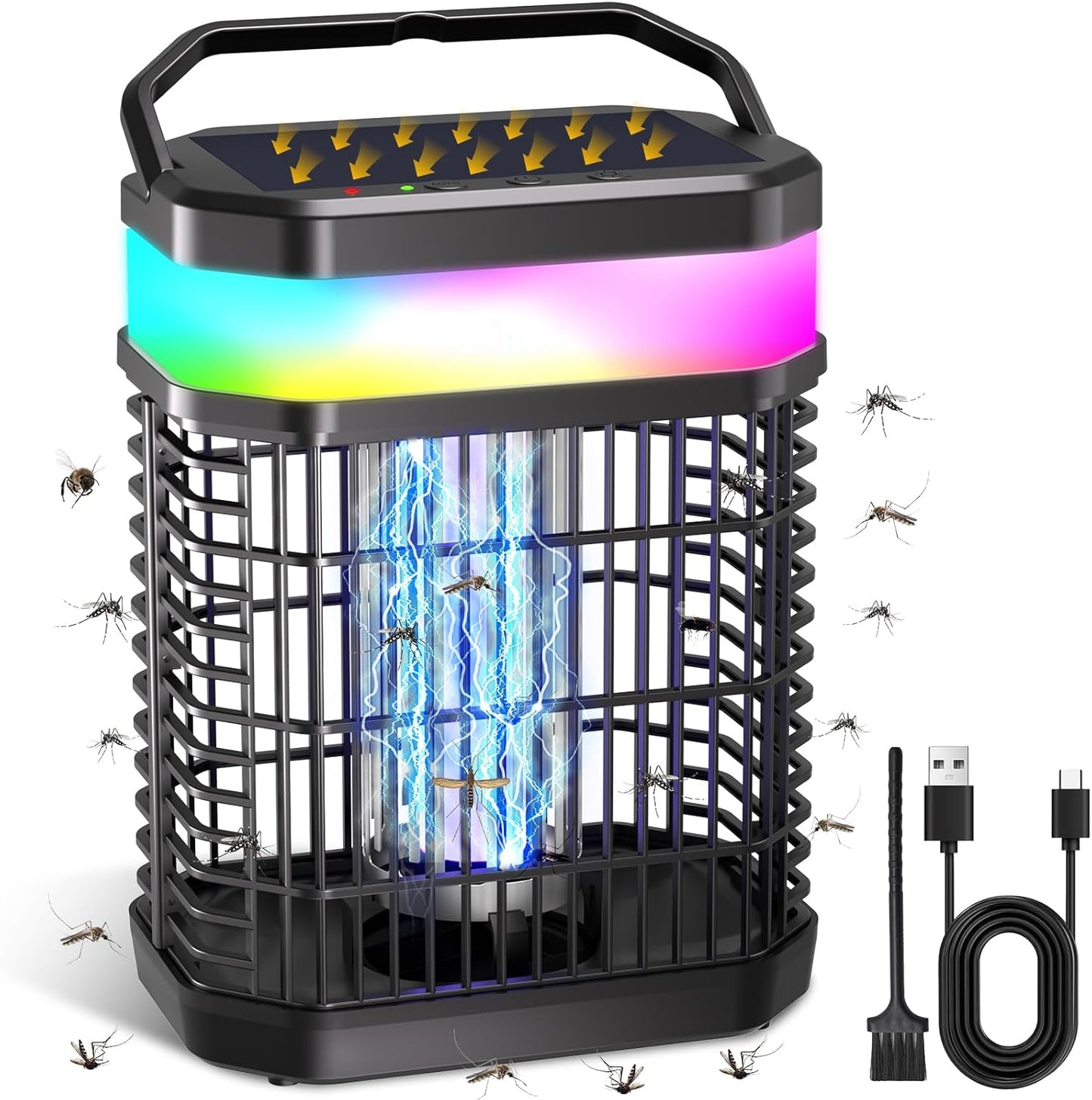 Solar Bug Zapper Outdoor 4000V Mosquito Zapper Solar 2IN1 Bug Repellent Outdoor Patio with 5500mAh Battery&LED,Electric Fly Zapper with Hook,Cordless&Rechargeable Mosquito Repellent for Patio Camping