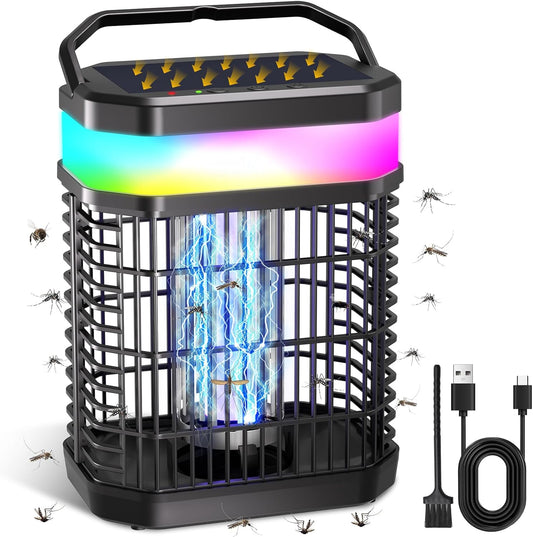Solar Bug Zapper Outdoor 4000V Mosquito Zapper Solar 2IN1 Bug Repellent Outdoor Patio with 5500mAh Battery&LED,Electric Fly Zapper with Hook,Cordless&Rechargeable Mosquito Repellent for Patio Camping