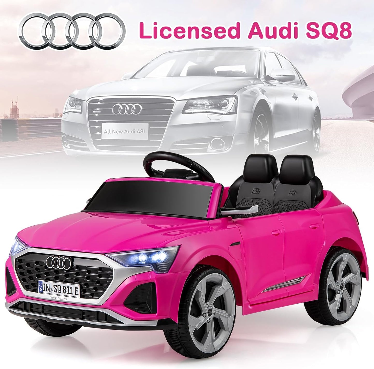 Licensed Audi SQ8 Ride on Car by OLAKIDS, 12V Kids Electric Vehicle with Remote Control, Toddlers Battery Powered Toy with 3 Speeds, Wheels Suspension, Music (Pink)