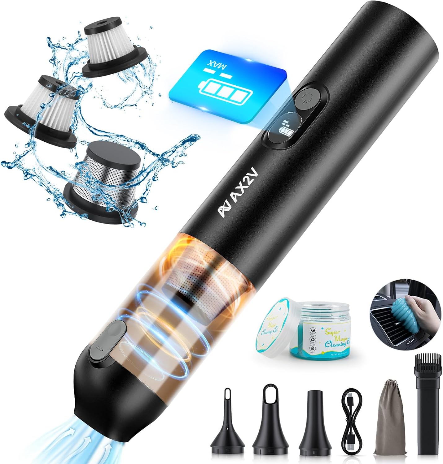 Car Vacuum Cleaner,95W/19Kpa/30Mins,Mini High Power Pet Portable Handheld Cordless Vacuum Pro, Rechargeable Extractor Vacuum Detailing with Cleaning Gel for Car, Home and Office Detail Cleaning