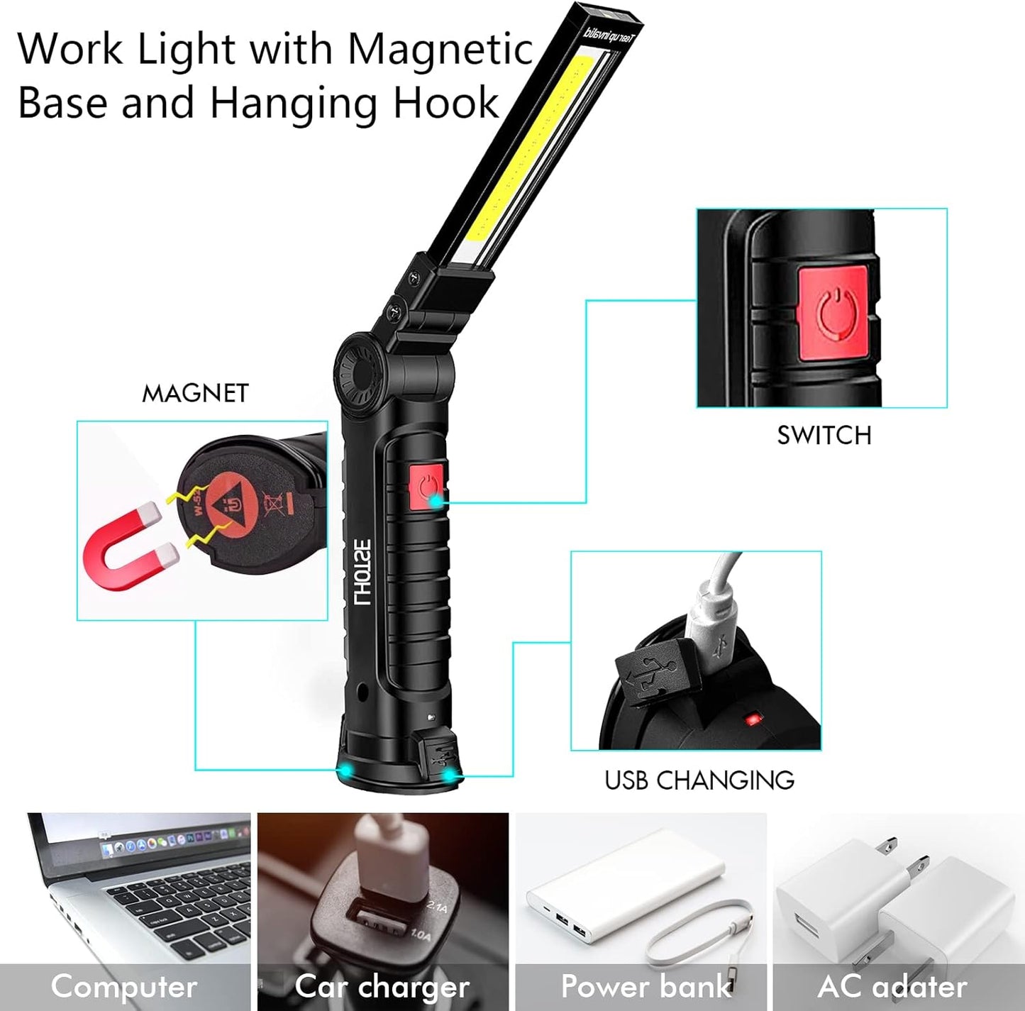 Tool Gifts for Men Dad Him, Rechargeable Work Lights, LED Work Light with Magnetic Base & Hanging Hook, 360°Rotate Rechargeable Flashlights for Mechanics Car Repair Home, Camping (2 Pack)
