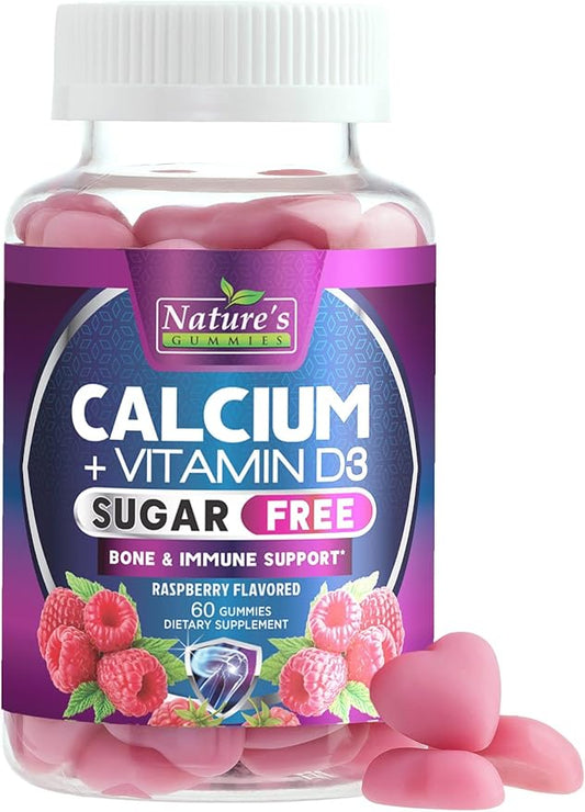 Sugar Free Chewable Calcium Gummy Vitamins - Plus 400 IU Vitamin D3 for Bone, Teeth, & Immune Health Support - Calcium Supplements for Women & Men Daily, Non-GMO, Berry Flavored - 60 Gummies