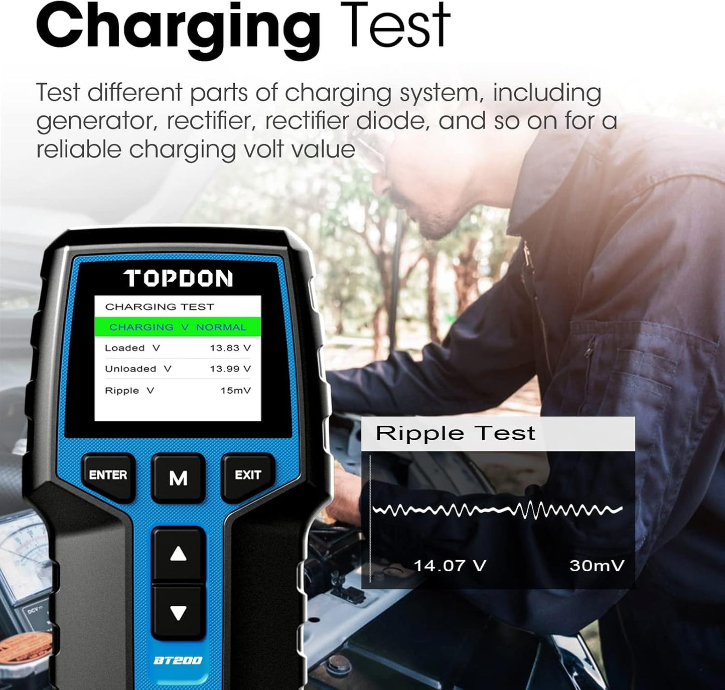 Car Battery Tester 24V 12V Load Tester, TOPDON BT200 100-2000CCA Automotive Alternator Tester Digital Auto Battery Analyzer Charging Cranking System Tester for Car Truck Motorcycle ATV SUV Boat Yacht