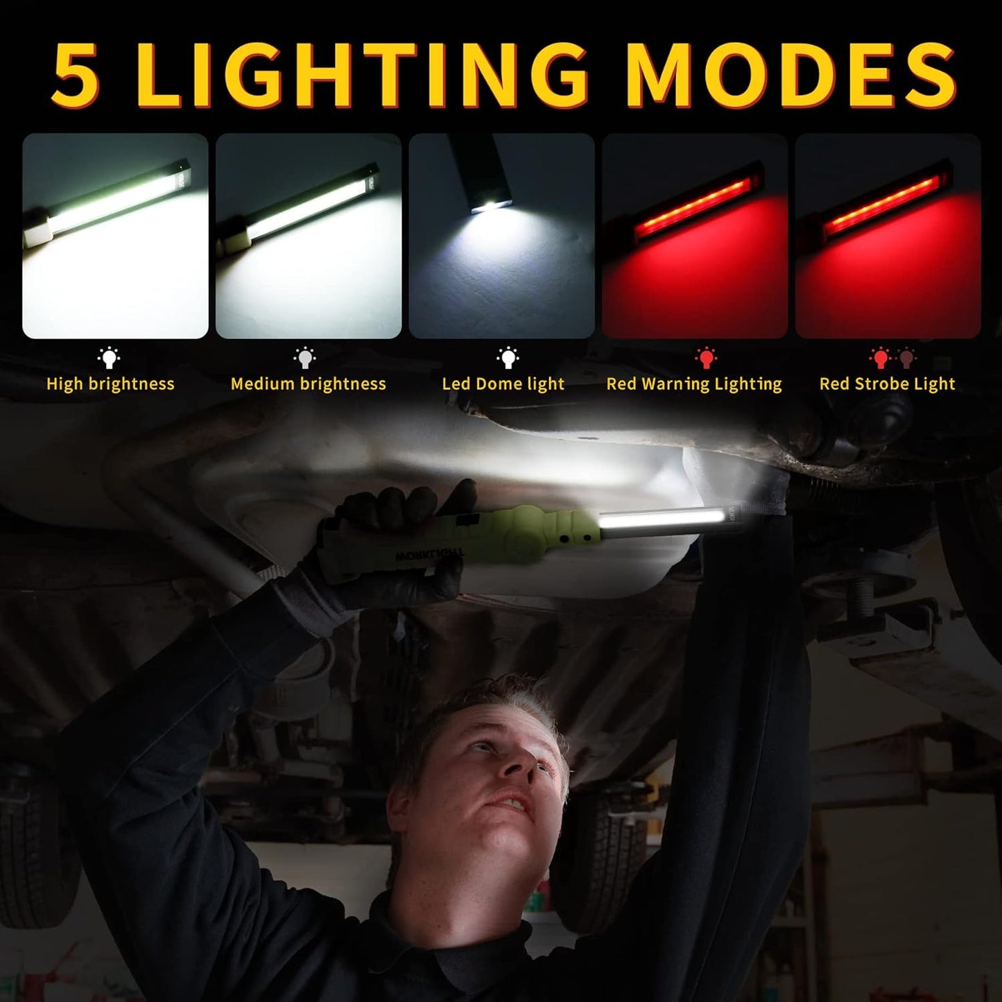 Suranew LED Worklight Flashlight, COB Rechargeable Work Lights with Magnetic Base 360 Degree Rotate and 5 Modes Portable Flood Light Inspection Construction Light for Car Repair (Army Green, 2 Pack)