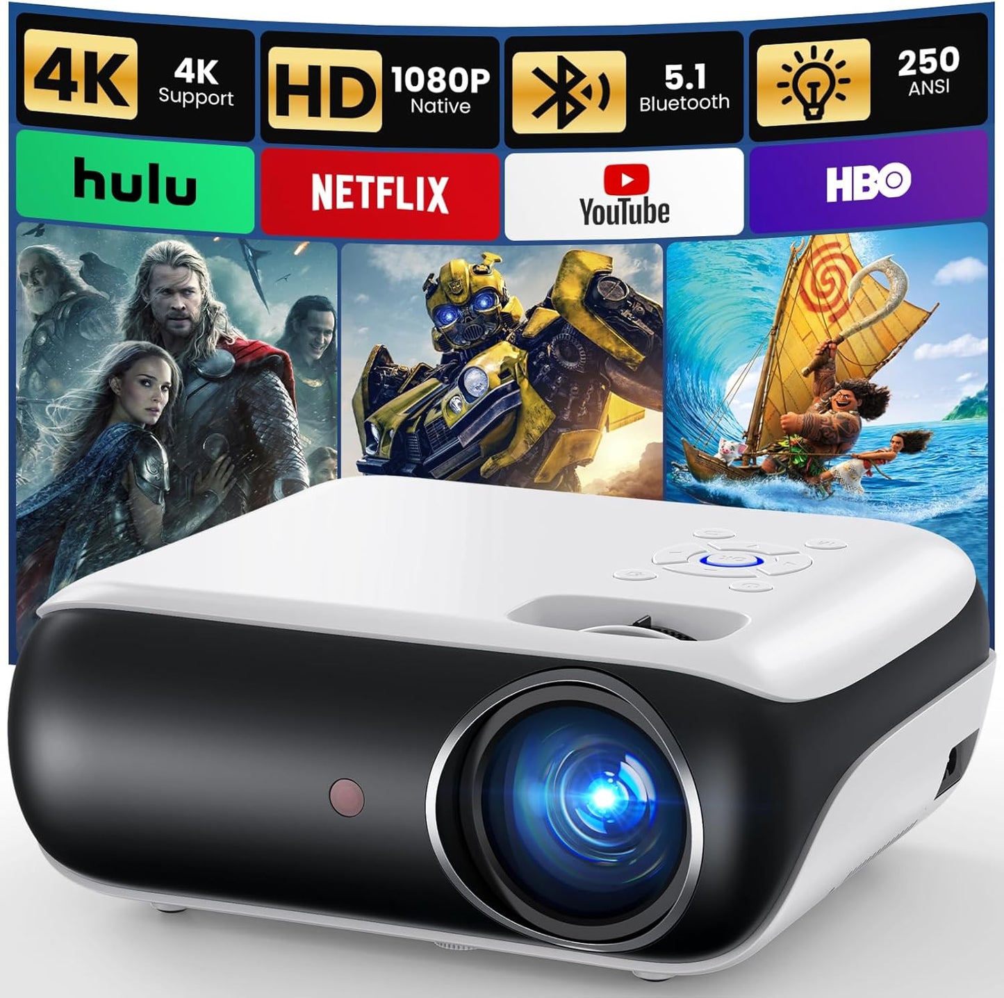 HAPPRUN Native 1080P Bluetooth Projector, Full HD Portable Outdoor Movie Projector with Built-in Speaker, Compatible with Smartphone, HDMI, USB, AV, Fire Stick, PS5 for Home, Bedroom, Outdoor Use
