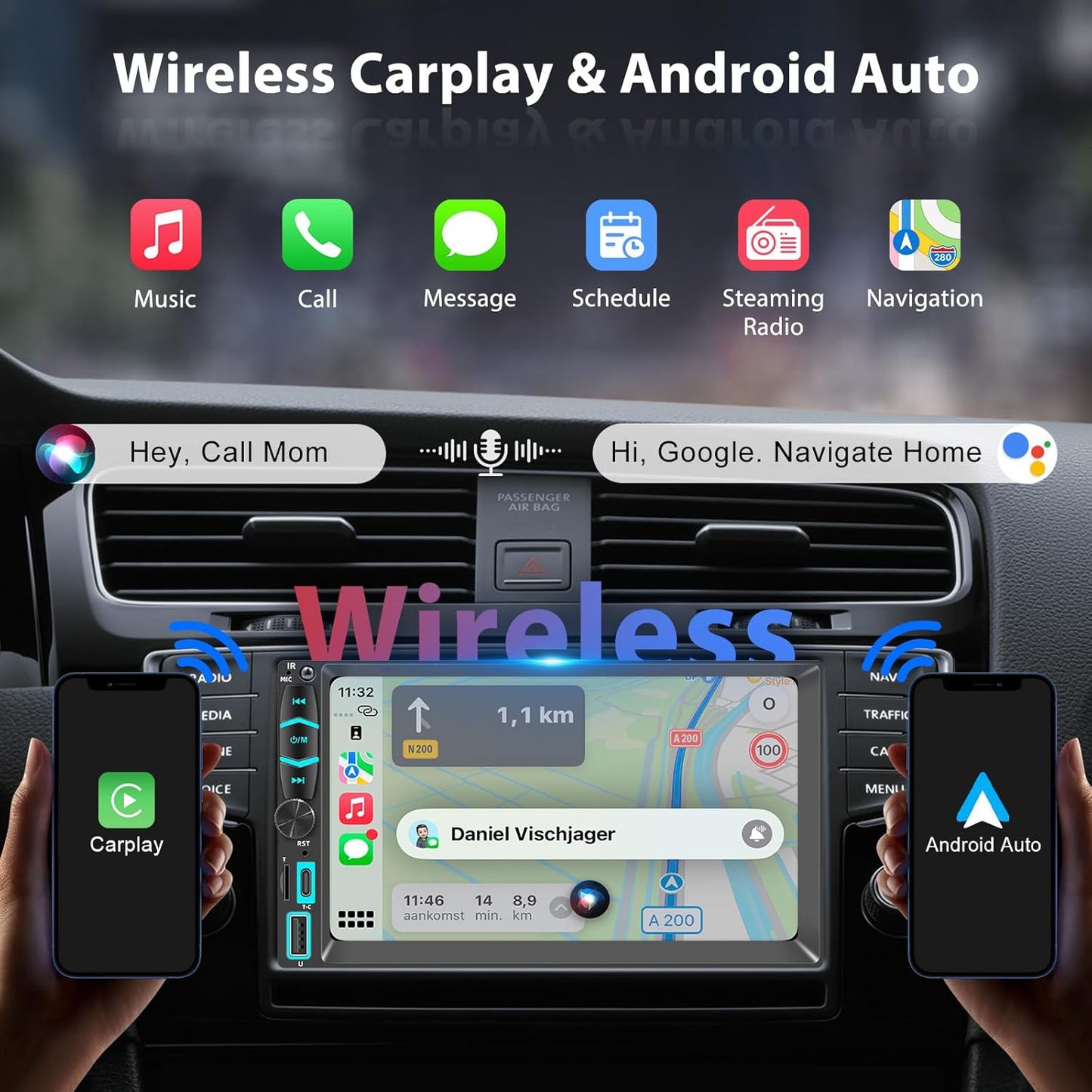 7" Wireless Double Din Car Stereo Apple Carplay Radio Screen for Car Audio Receivers, Bluetooth Car Play Android Auto Touchscreen, Mirror Link, Backup Camera, SWC, AM/FM, AirPlay, Type-C