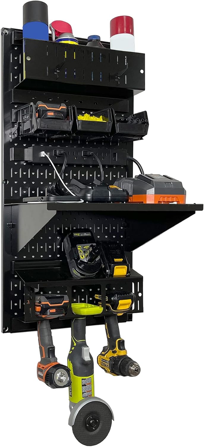 Wall Control Power Tool Storage Organizer Kit Cordless Drill Holder Charging Station Rack 16” x 32” Metal Pegboard Organization System (Black Pegboard)