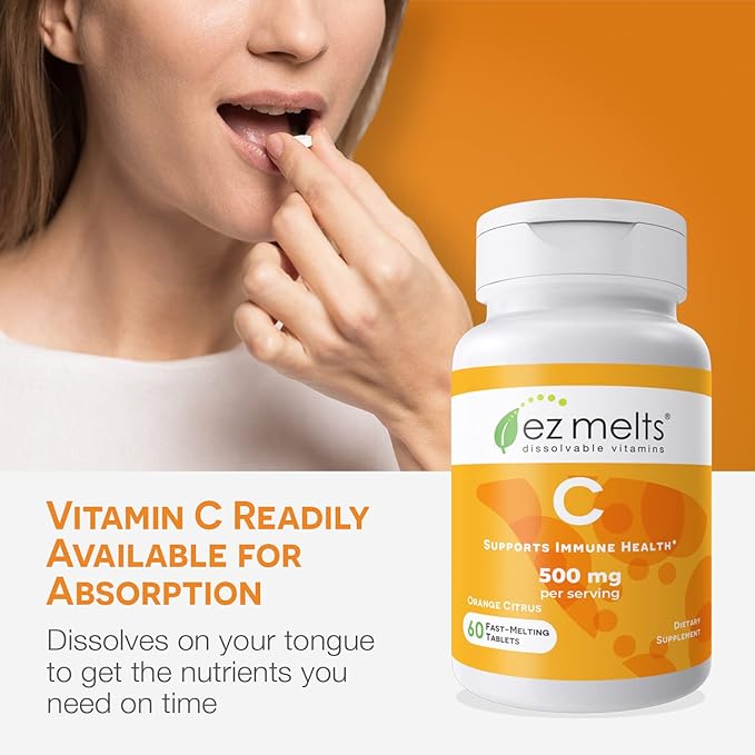 EZ Melts Dissolvable Vitamin C 500 mg, Sugar-Free, 1-Month Supply - 1 Pack