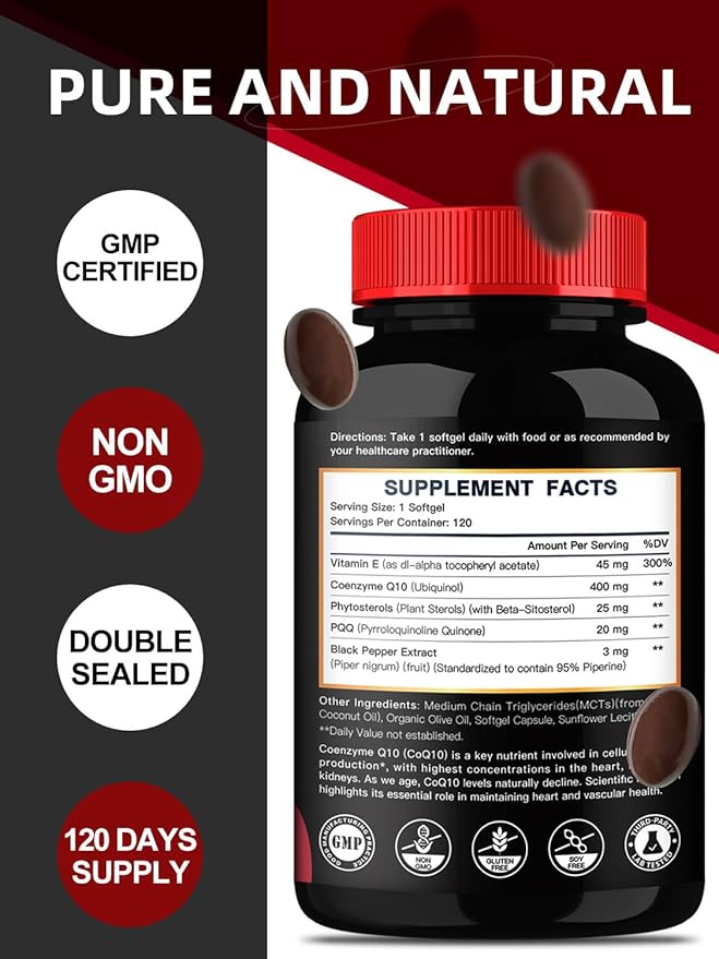 DRFOSTER Coq10 400mg Softgels Ubiquinol - Co Q 10 Supplement Coenzyme q10 Cq10 400mg Plus Vitamin E, PQQ, Black Pepper for Heart Health, 120 Counts