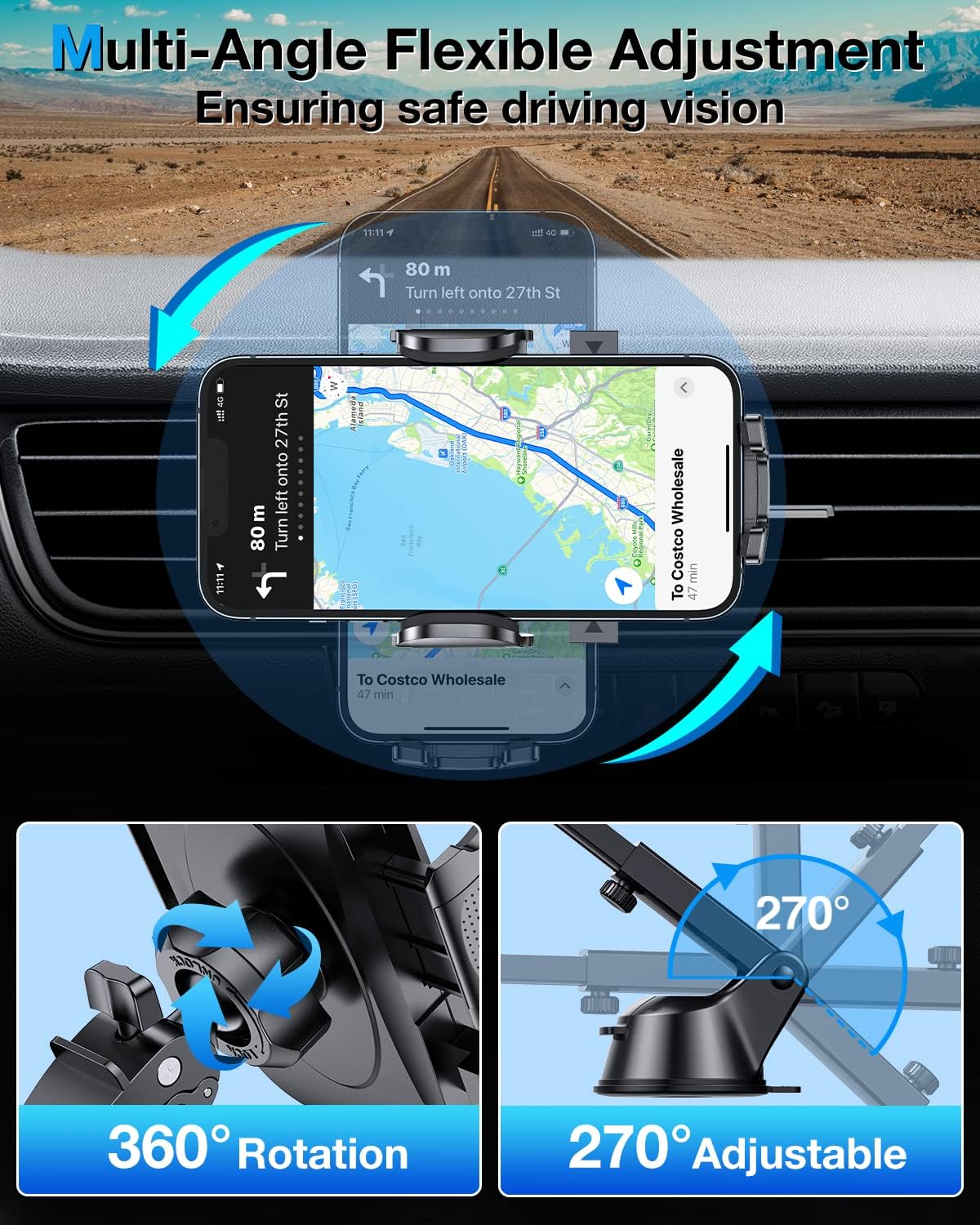 HTU [True Military-Grade] 2025 Upgraded Car Phone Holder 【Safety Certs & No Smell】 Cell Phone Holder for Car Mount for Dashboard Windshield Air Vent Long Arm Thick Case,Sapphire Blue