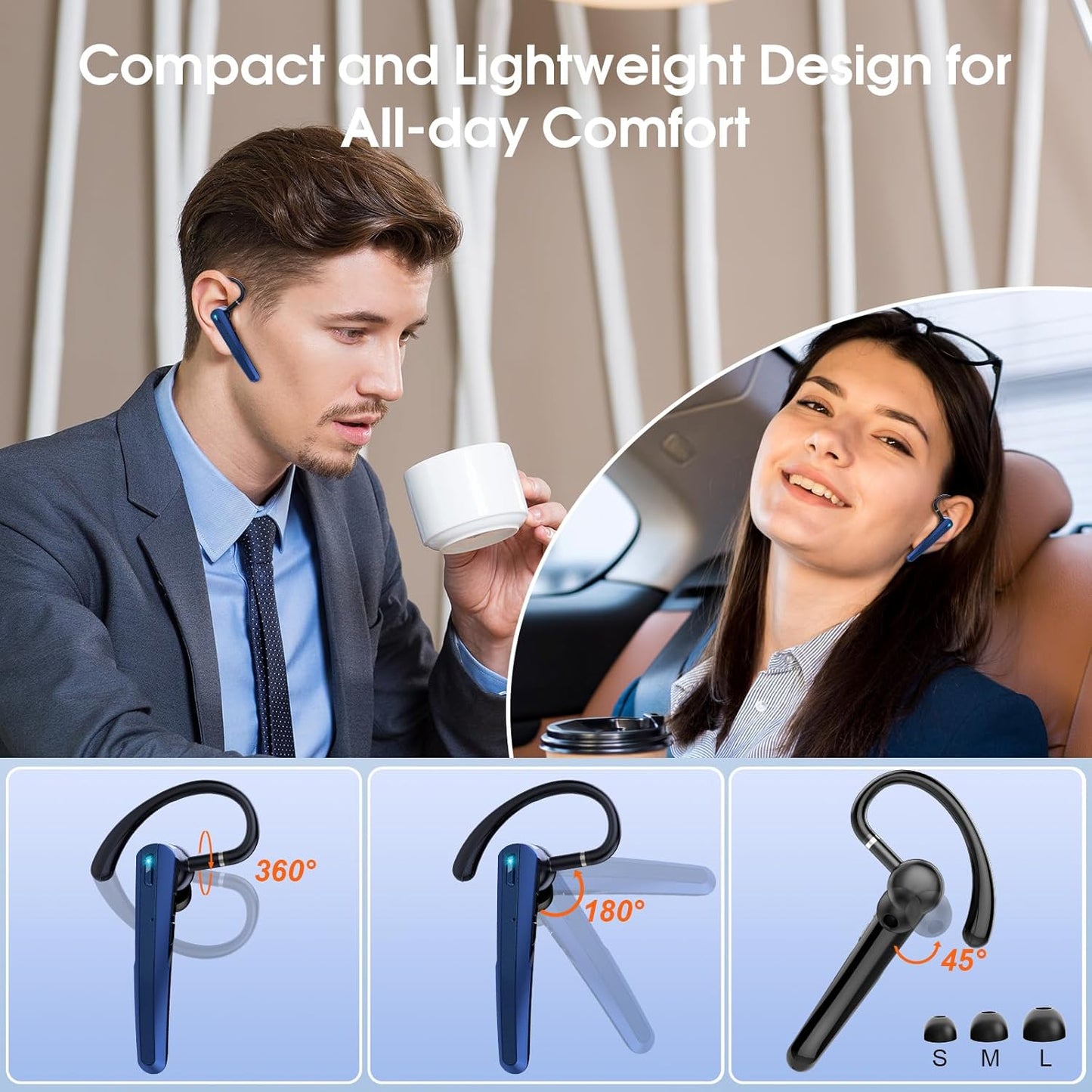Bluetooth Headset V5.3, Wireless Earpiece with Dual ENC Noise Canceling Mic, 120H Hand-Free Talk Single-Ear Bluetooth Earpiece with LED Display, IP7 Waterproof Headphones for Trucker, Dark Blue
