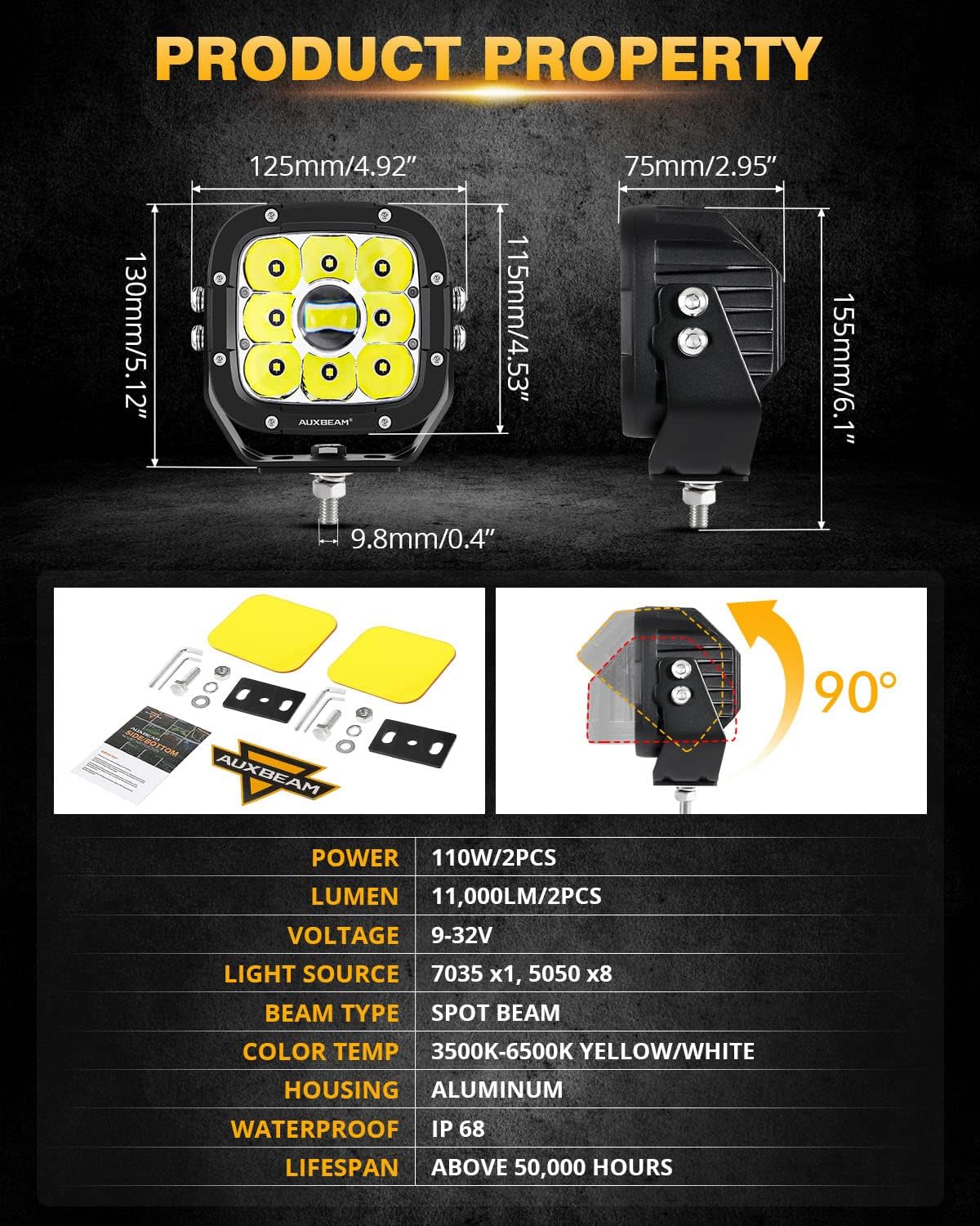 Auxbeam XP-Ultra Series 5 Inch LED Pod Lights 110W Hyper Spot Beam Cube Offroad Lights with Amber White Lens Covers Dual Color Off-Road Amber Fog Spotlight, Pair