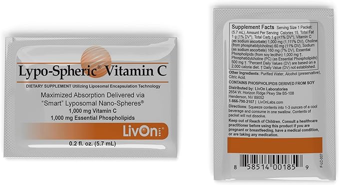 LivOn Laboratories Lypo–Spheric Vitamin C – 1,000 mg Vitamin C & 1,000 mg Essential Phospholipids Per Packet – Liposome Encapsulated for Improved Absorption – Non–GMO(12 Cartons,360 Packets)