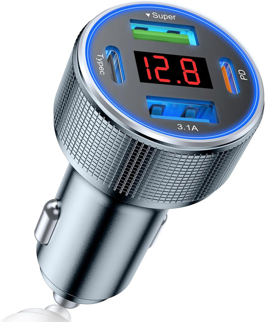 iPhone 16/15 Car Charger Adapter, 78W 4 Port USB C Car Charger with Voltmeter Fast Charging for iPhone 16 Pro/15/14/13, Samsung Galaxy, iPad