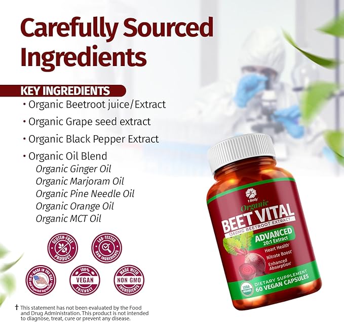 1 Body Beet Vital, Organic Beet Root Supplements for Circulation, Energy, & Stamina, Nitric Oxide Booster Beets Supplements with 1360mg Beetroot Extract, Vegan, Non-GMO, 60 Beetroot Capsules