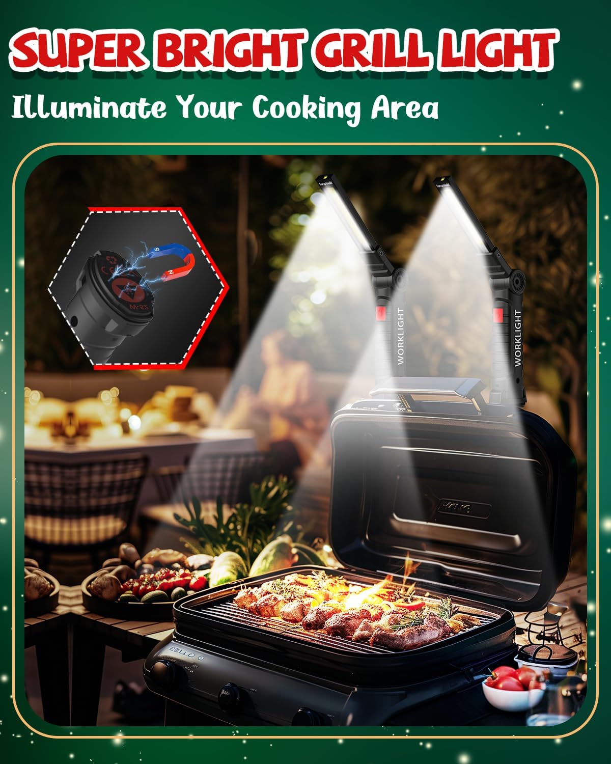 Coquimbo Tool Gifts for Men Dad Him Husband, Rechargeable LED Work Light BBQ Grill Light Accessories with Magnetic Base, 360° Rotate Mechanic Flashlight Stocking Stuffers for Men Adults (2 Pack Black)